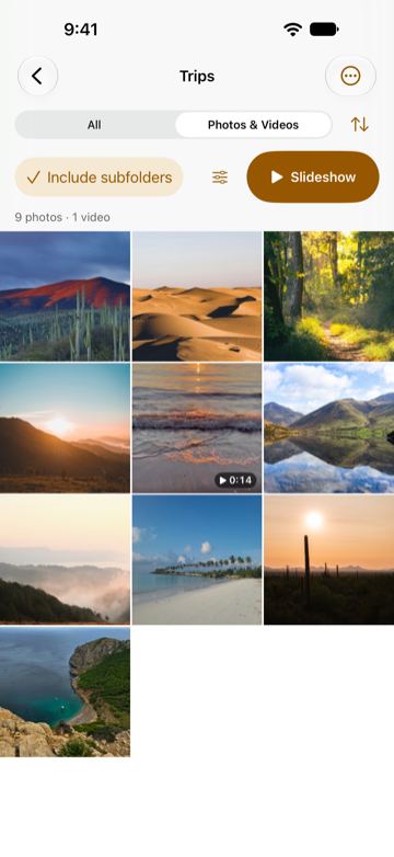The Trips folder in Folvista as a grid of landscape photos: 9 photos and 1 video of 14 seconds, with Include subfolders and Slideshow buttons above.