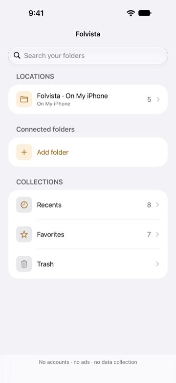 Folvista’s home screen: a search field, Locations with Folvista · On My iPhone, Connected folders with Add folder, and Collections with Recents, Favorites and Trash.