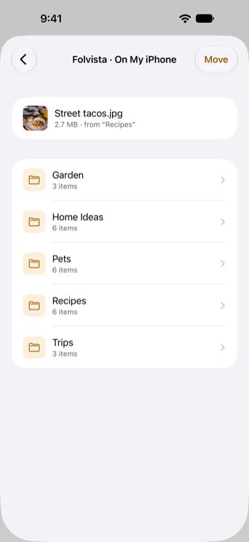 The Move sheet at Folvista · On My iPhone, moving Street tacos.jpg from Recipes, with the folders Garden, Home Ideas, Pets, Recipes and Trips as destinations.