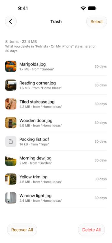 Folvista’s Trash with 8 items, 22.4 MB, among them Marigolds.jpg, Reading corner.jpg, Wooden door.jpg and Packing list.pdf, each with its original folder and 30 days left, and Recover All and Delete All buttons.