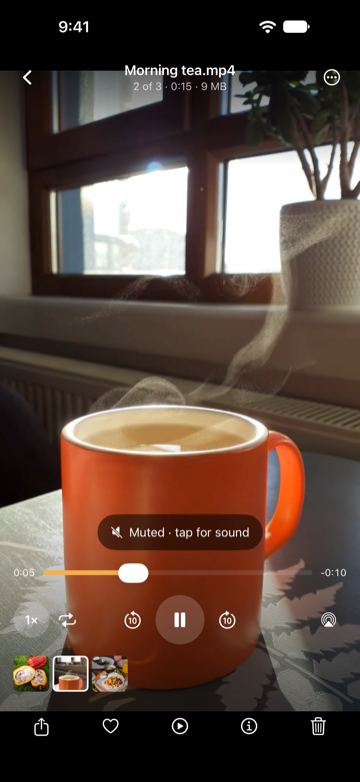 Morning tea.mp4 playing in the viewer: steam rising from an orange mug, a “Muted · tap for sound” label, the timeline and playback controls.
