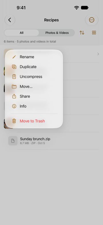 The menu of a ZIP file in the Recipes folder: Rename, Duplicate, Uncompress, Move…, Share, Info and Move to Trash.