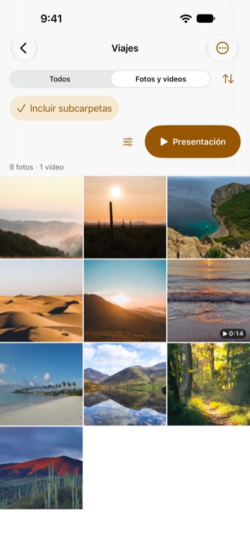 La carpeta Viajes en Folvista como una cuadrícula de paisajes: 9 fotos y 1 video de 14 segundos, con los botones Incluir subcarpetas y Presentación arriba.