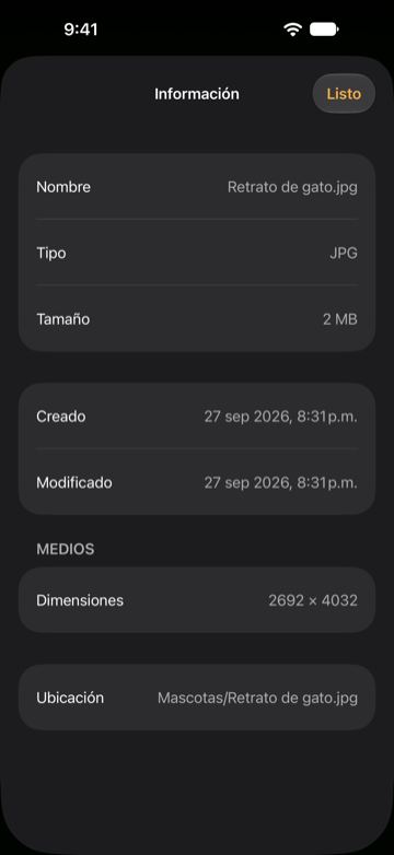 La hoja oscura de Información sobre el visor para Retrato de gato.jpg: tipo JPG, 2 MB, creado y modificado el 27 sep 2026, 2692 × 4032 píxeles, en Mascotas.