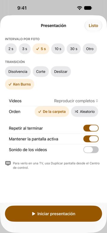 La hoja de ajustes de Presentación: intervalo por foto de 5 s, transición Ken Burns, videos completos, orden de la carpeta, Repetir al terminar y Mantener la pantalla activa encendidos, y el botón Iniciar presentación.
