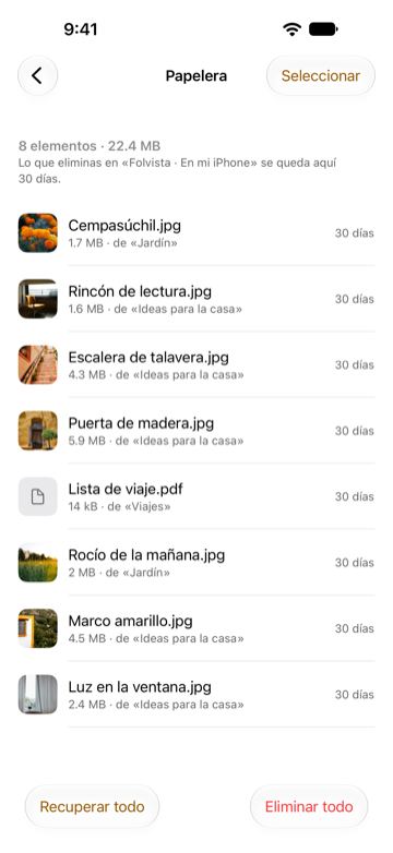 La papelera de Folvista con 8 elementos, 22.4 MB, entre ellos Cempasúchil.jpg, Rincón de lectura.jpg, Puerta de madera.jpg y Lista de viaje.pdf, cada uno con su carpeta de origen y 30 días, y los botones Recuperar todo y Eliminar todo.