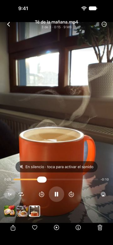 Té de la mañana.mp4 reproduciéndose en el visor: vapor sobre una taza naranja, la etiqueta «En silencio · toca para activar el sonido», la línea de tiempo y los controles.